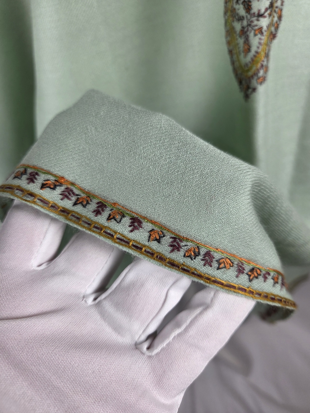 Kashmiri Sozni Hand-Embroidered Pashmina Shawl – Sage Green Floral Wrap - Picture 9 of 11